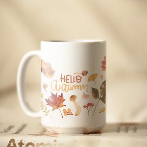 Hello Autumn Coffee Mug. Thanksgiving Coffee Cup. Fall 15oz Ceramic Mug.